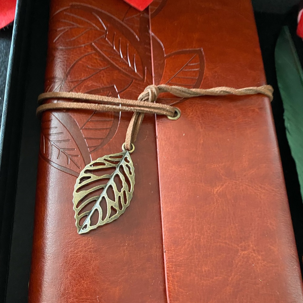 Feather Pen Set  black ink with leather bound note book